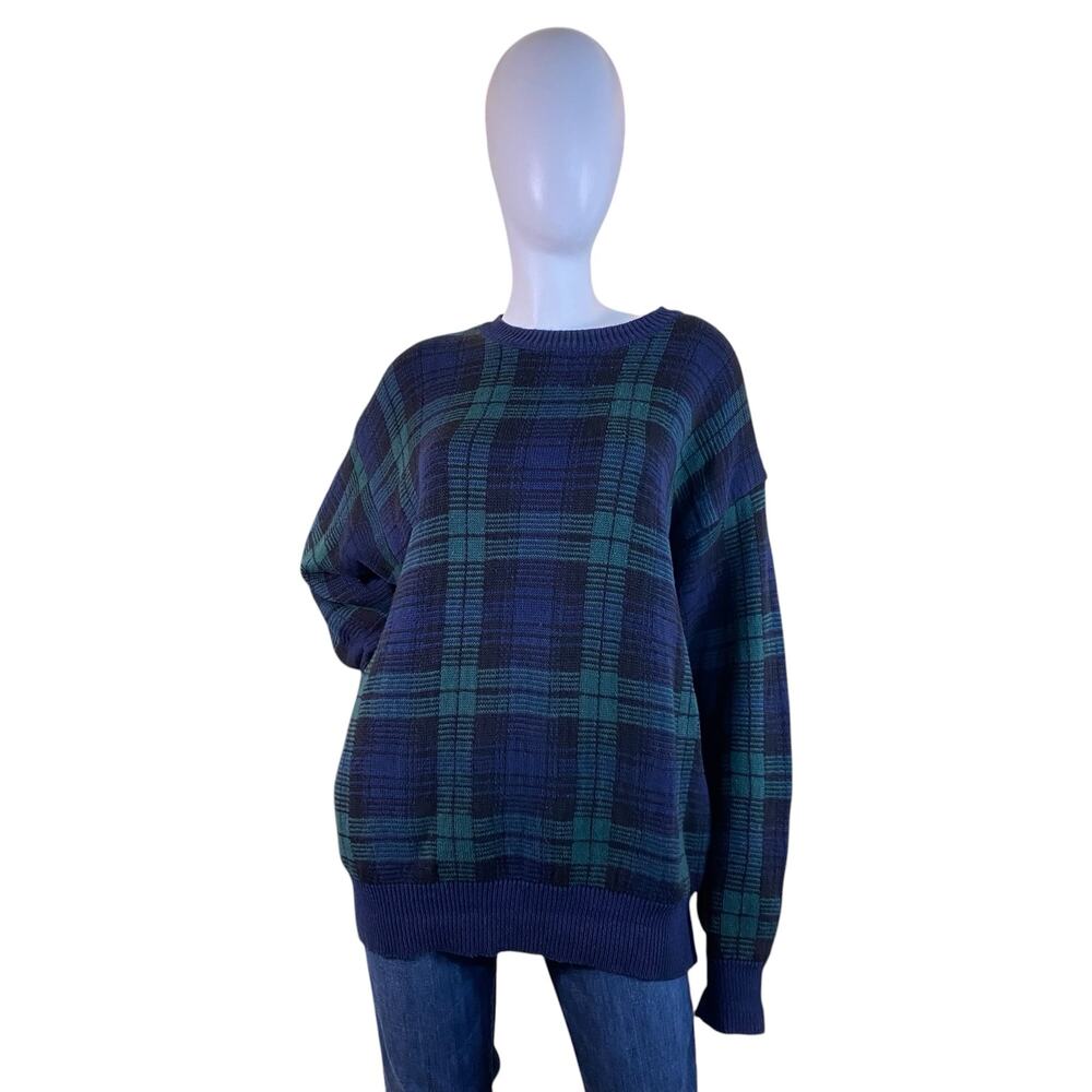 1990s Vintage American Eagle Plaid Ramie Cotton Crewneck Sweater Large